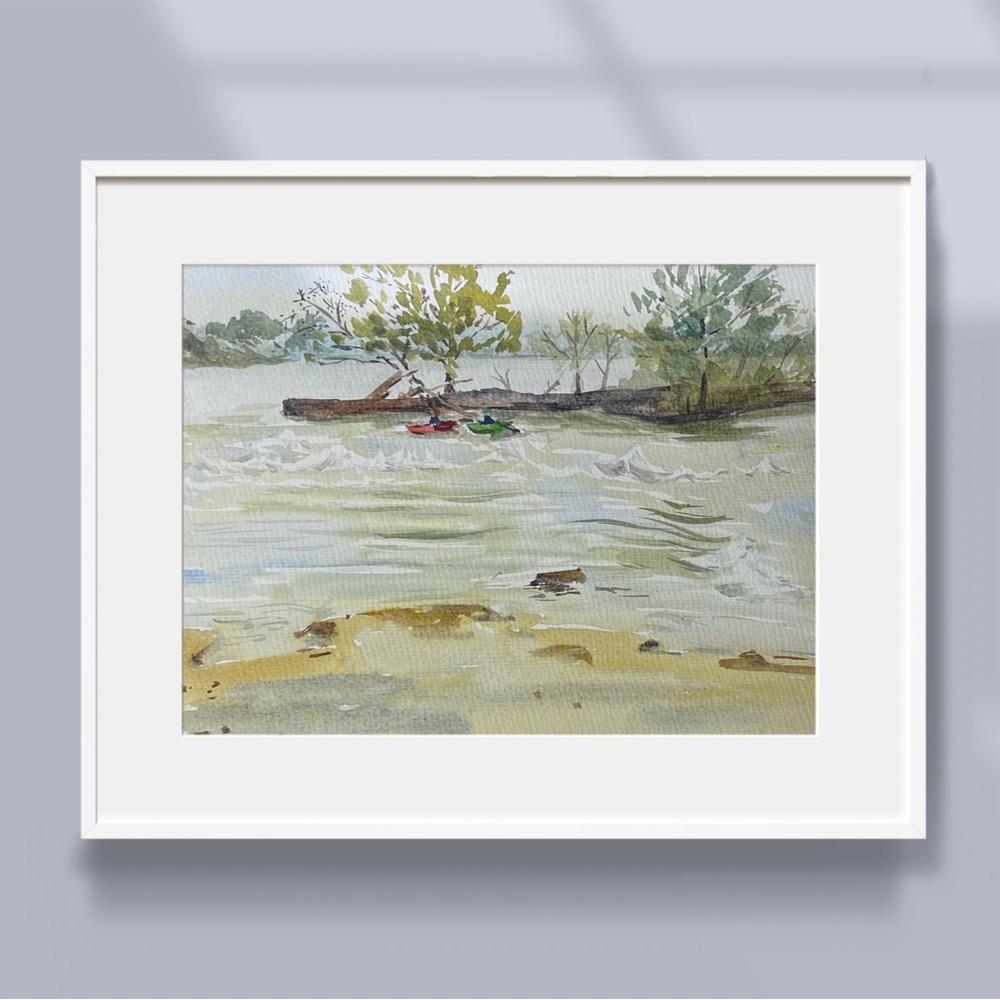 Kayaking in the river. Original,hand-painted watercolor.